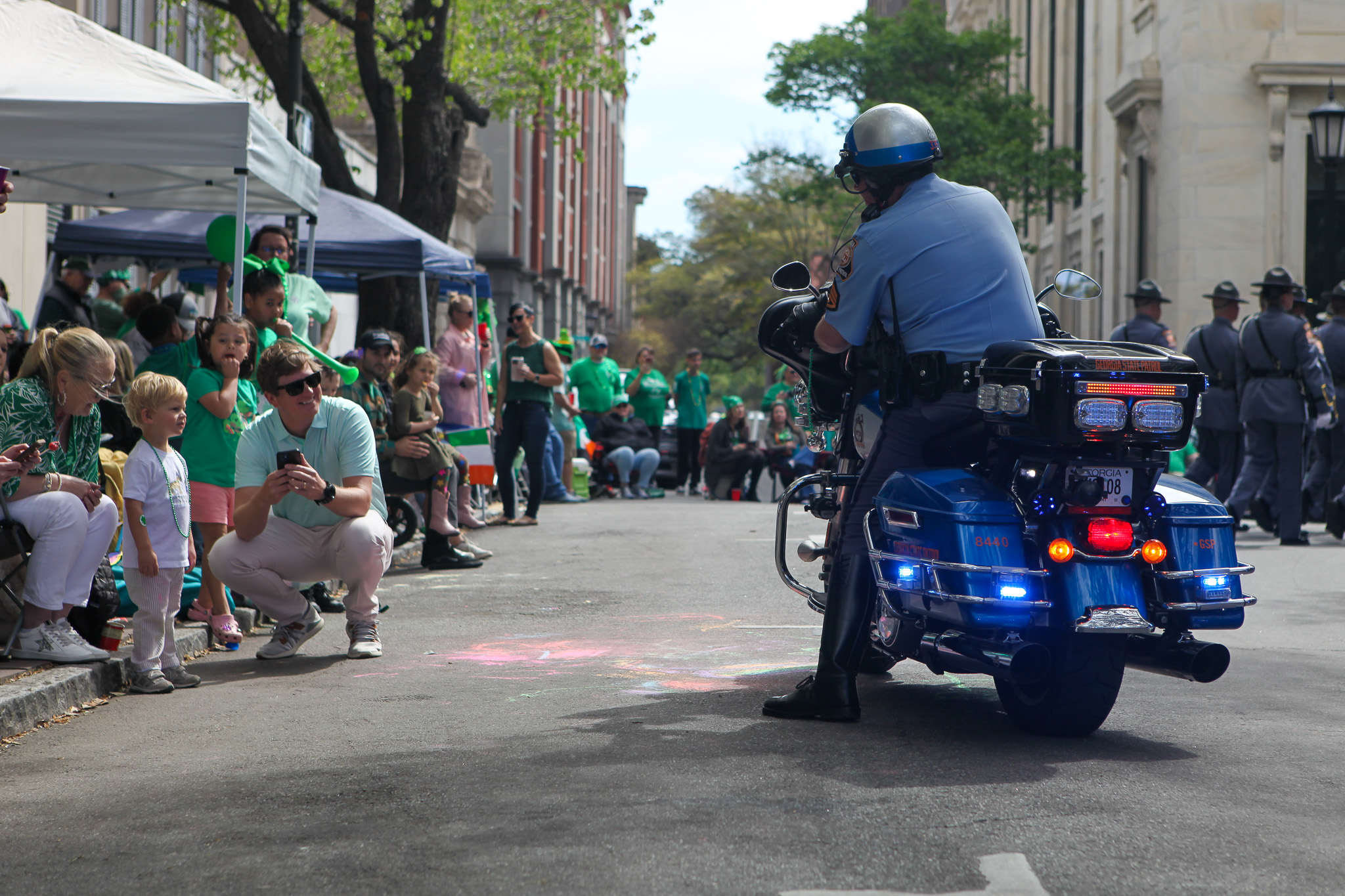 Georgia State Patrol motor trooper on motorcycle during a Saint Patrick's Day parade